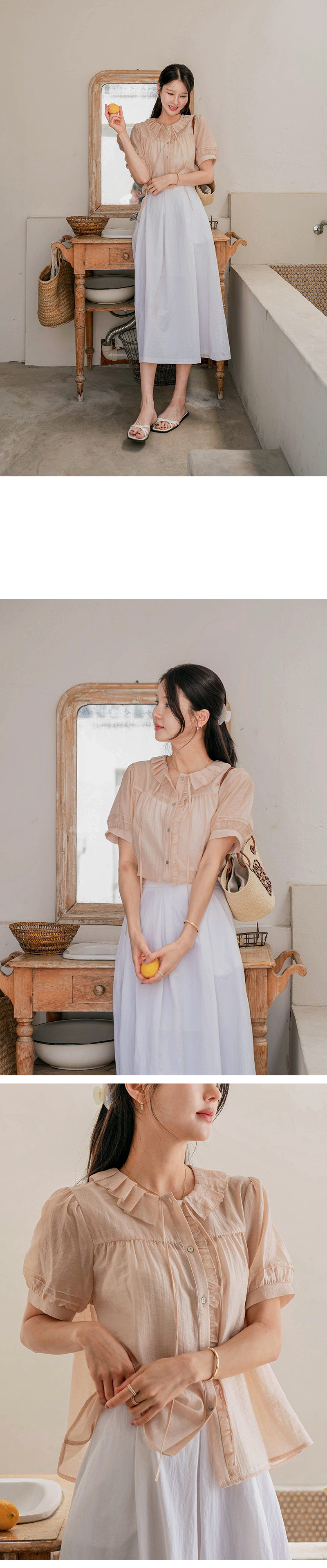 핑크 에이린 플리츠 리본 블라우스