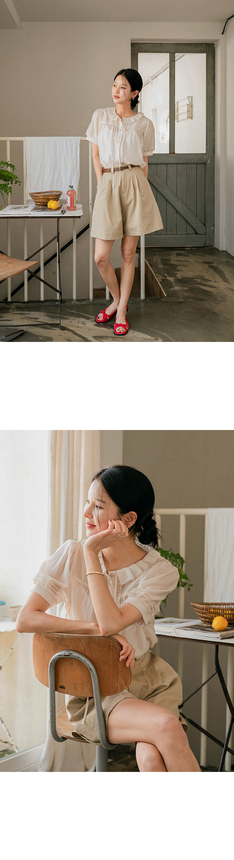 아이 에이린 플리츠 리본 블라우스