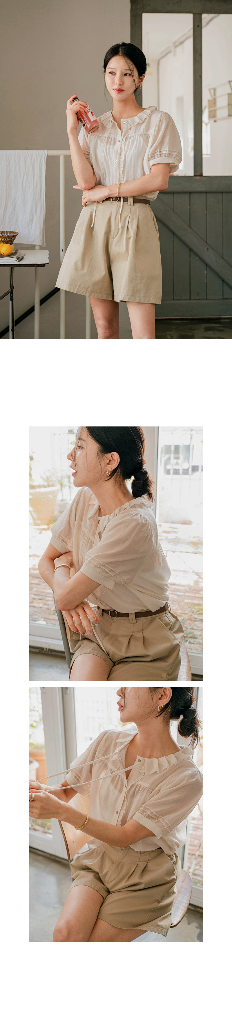 아이 에이린 플리츠 리본 블라우스