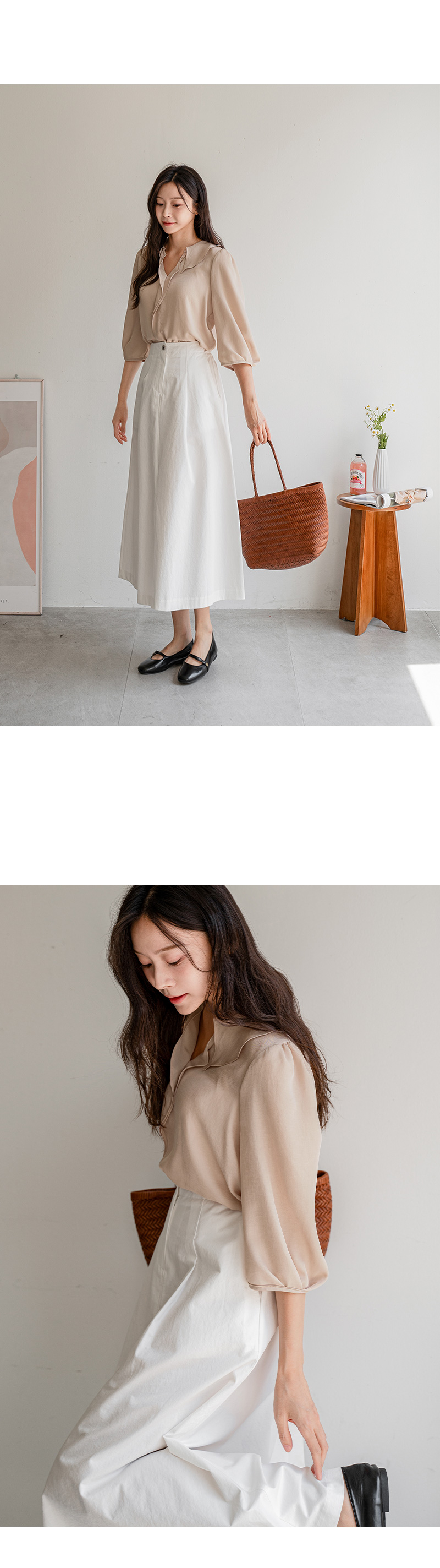 베로나 러플 훌 7부 블라우스