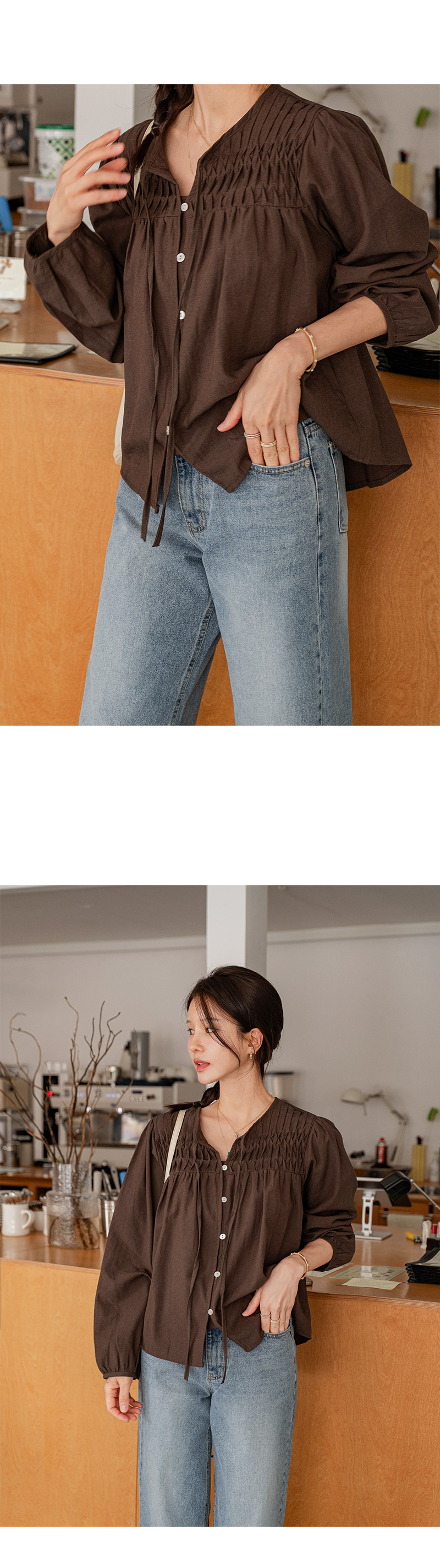 셔링 포인티 핀턱 주름 블라우스