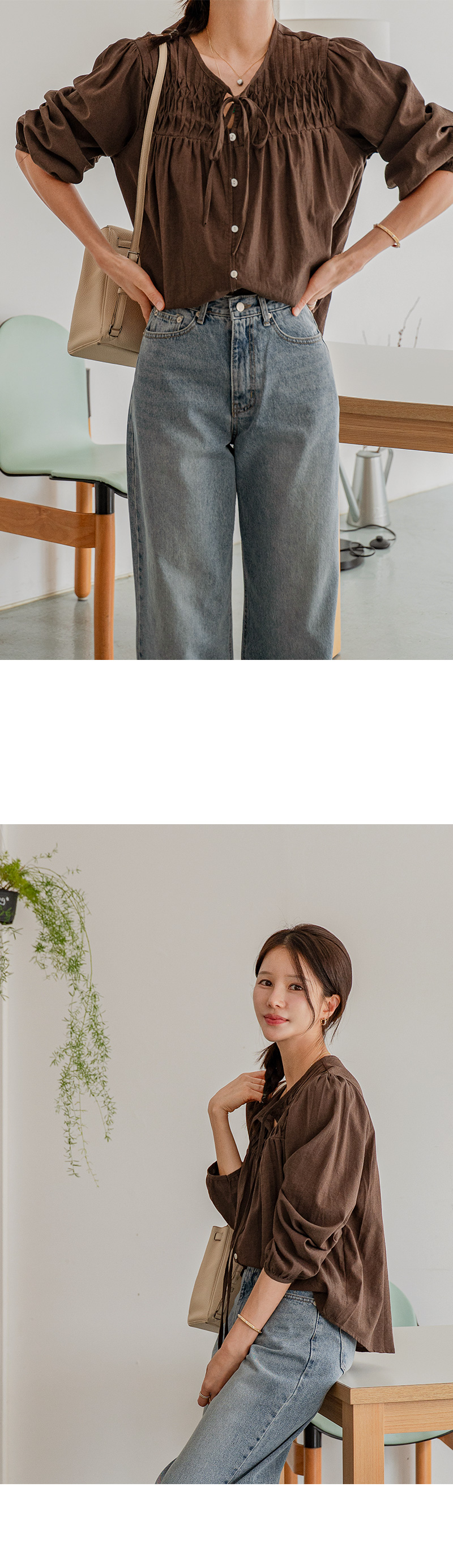 셔링 포인티 핀턱 주름 블라우스