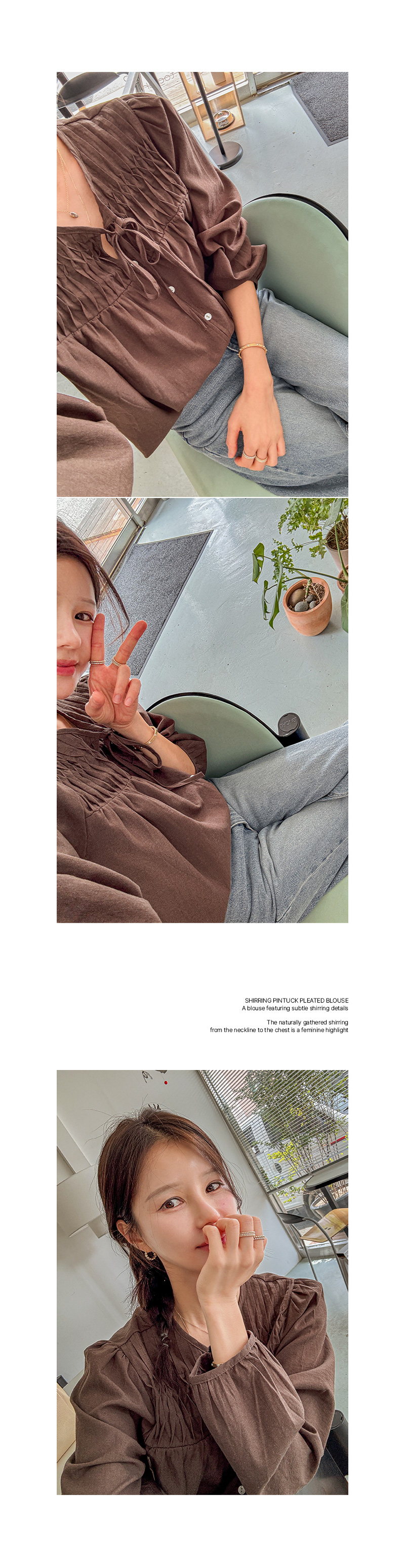셔링 포인티 핀턱 주름 블라우스