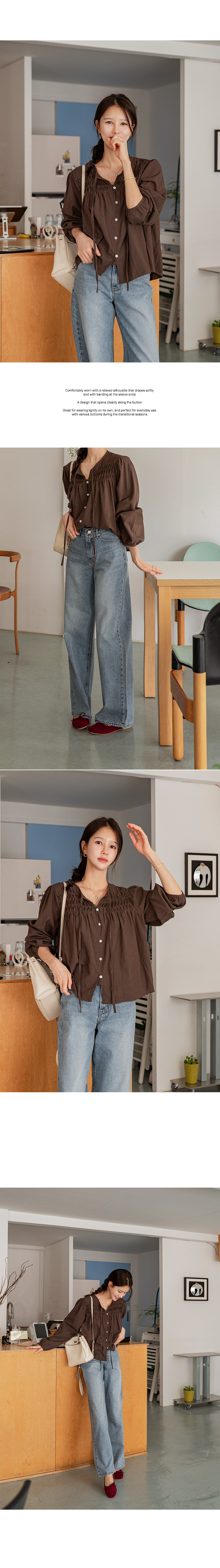 셔링 포인티 핀턱 주름 블라우스