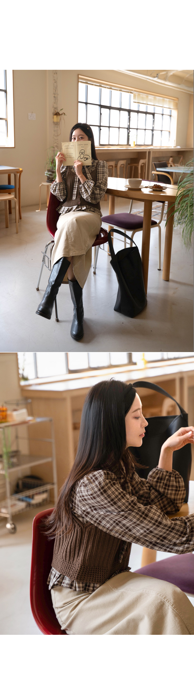 넥리본 체크 블라우스 뷔스티에 세트