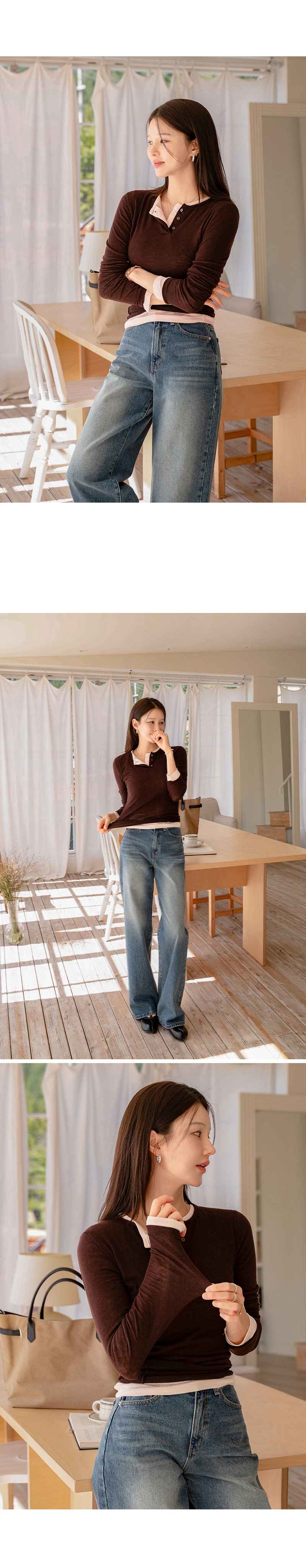 보드리 레이어드 버튼 티셔츠