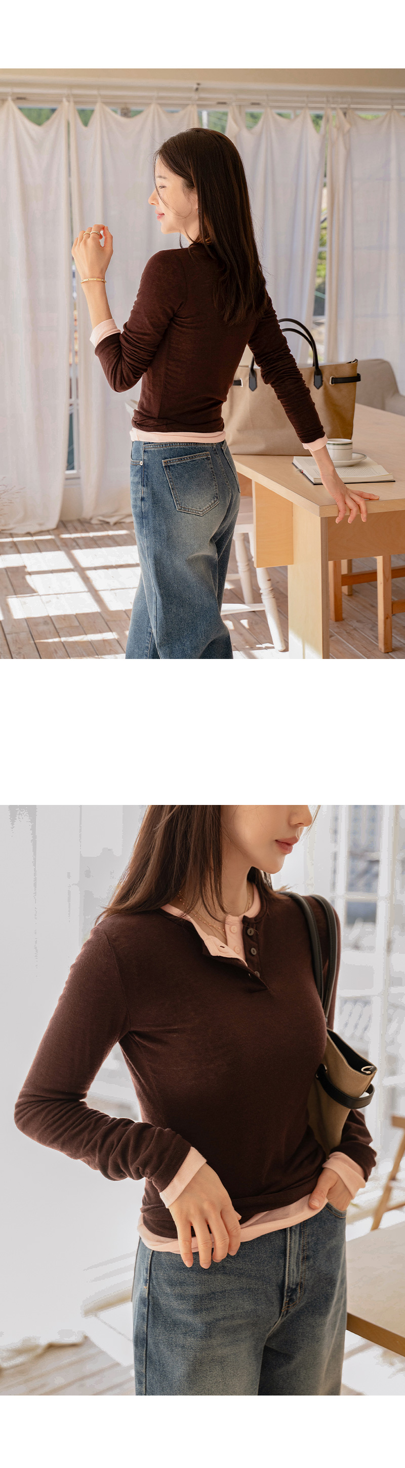 보드리 레이어드 버튼 티셔츠