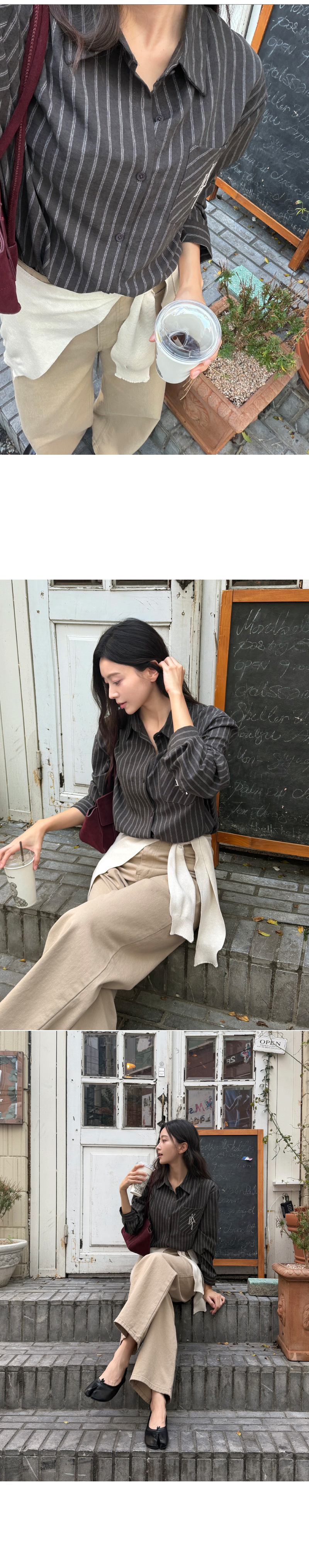 포켓 자수 스트라이프 숄 세트 셔츠