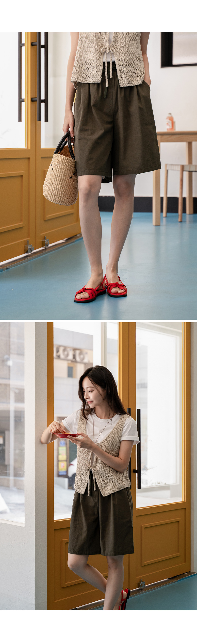 카키 바인딩 코튼 밴딩 반바지