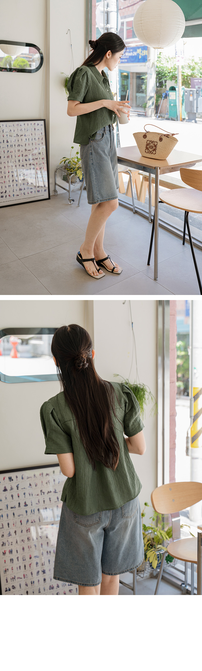 회카키 카라 링클 반팔 블라우스