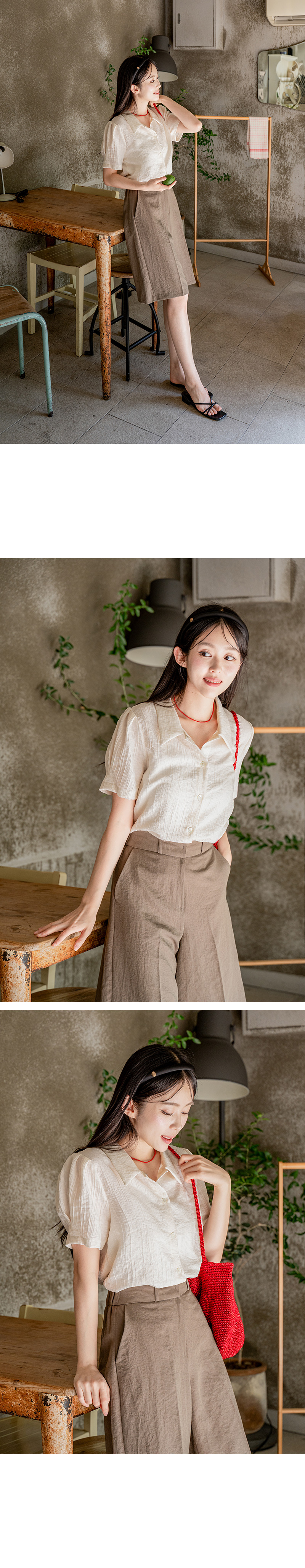 아이 카라 링클 반팔 블라우스