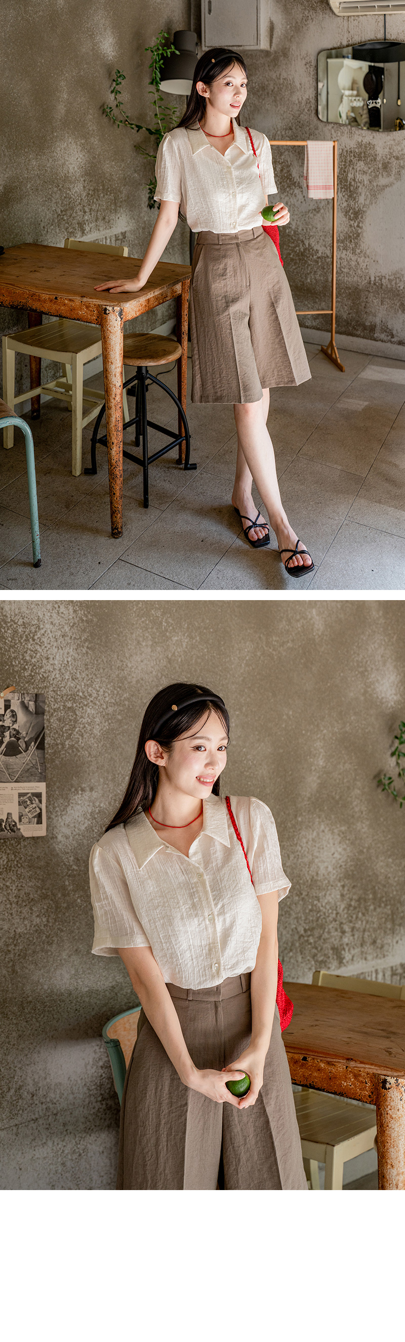 아이 카라 링클 반팔 블라우스