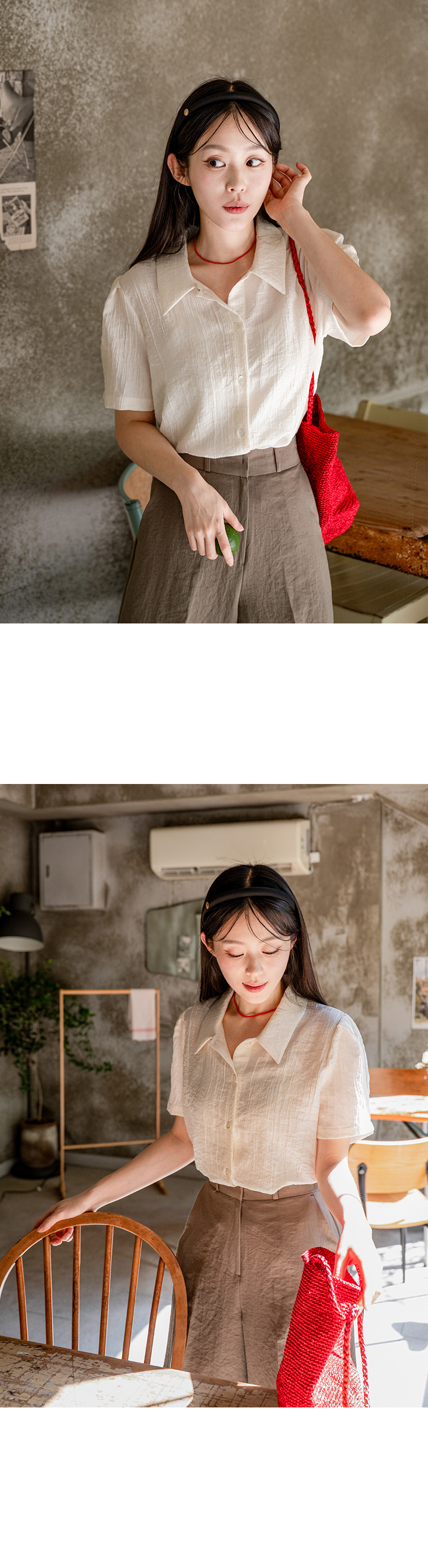 아이 카라 링클 반팔 블라우스