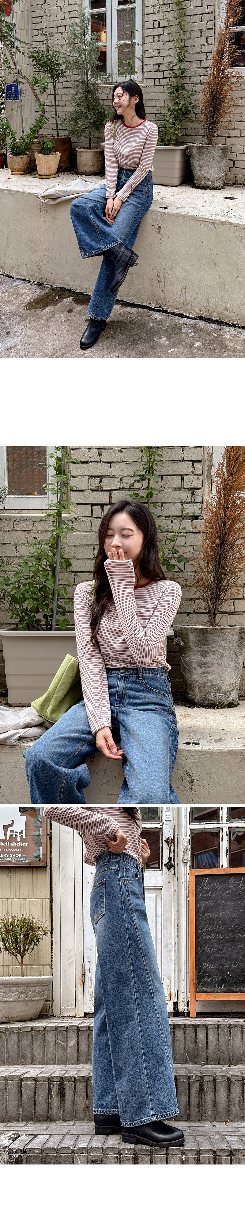 쿠버 사선절개 와이드 데님 팬츠