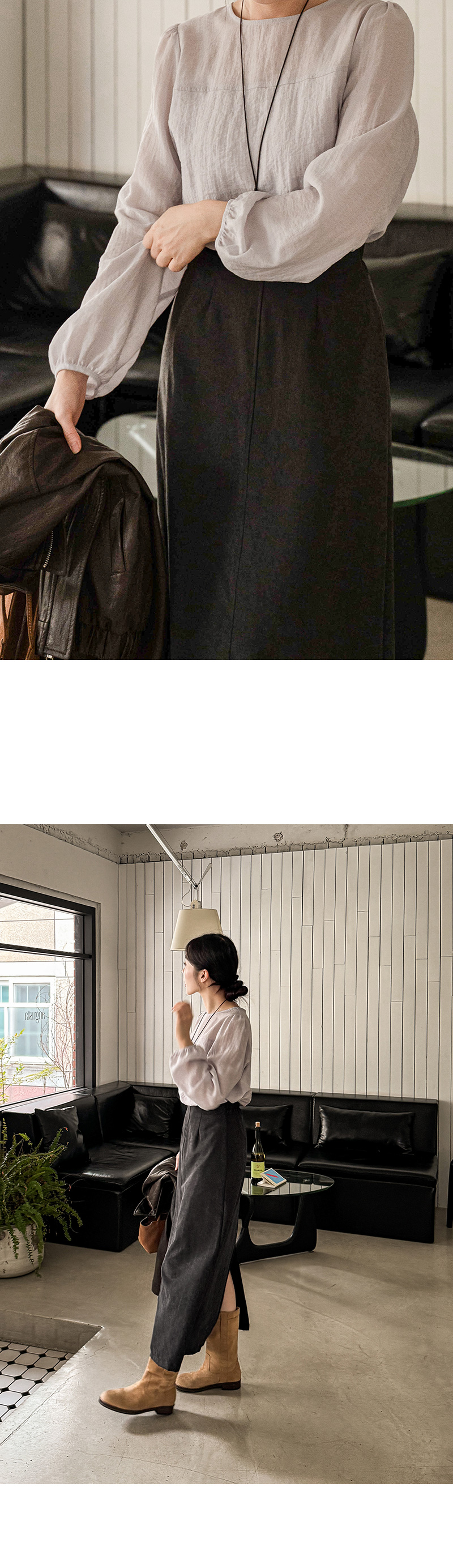 실키 러플 이중 긴팔 블라우스