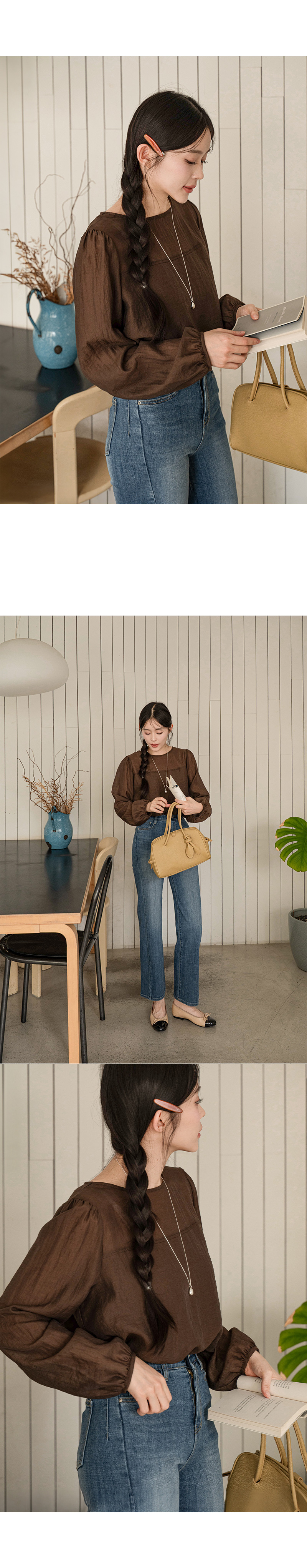 실키 러플 이중 긴팔 블라우스