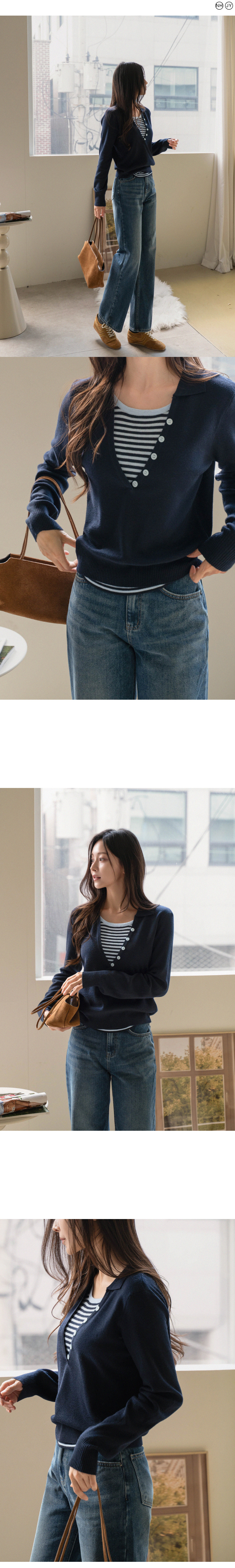 딥브이 버튼 레이어드 울 니트
